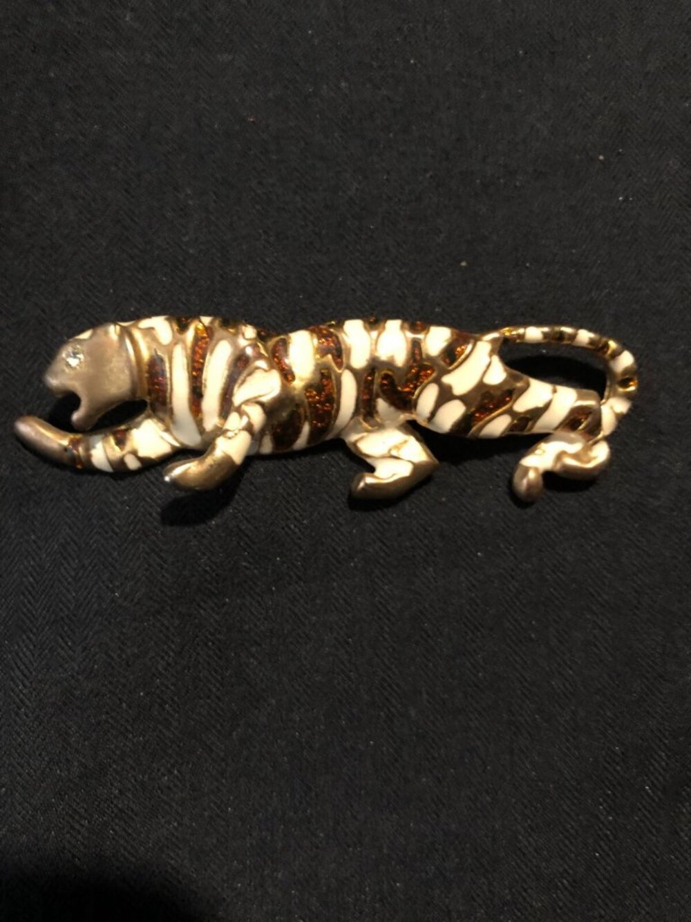 Tiger Enamel Brooch Gold Tone 3 In Rhinestone Eye